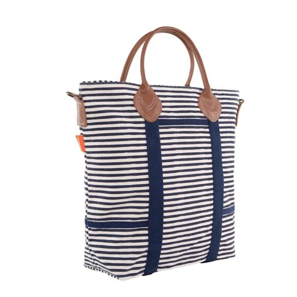 Cb Station Handbags - CB Station Canvas Flight Travel Bag Navy Blue Stripes Leather Handles Nautical
